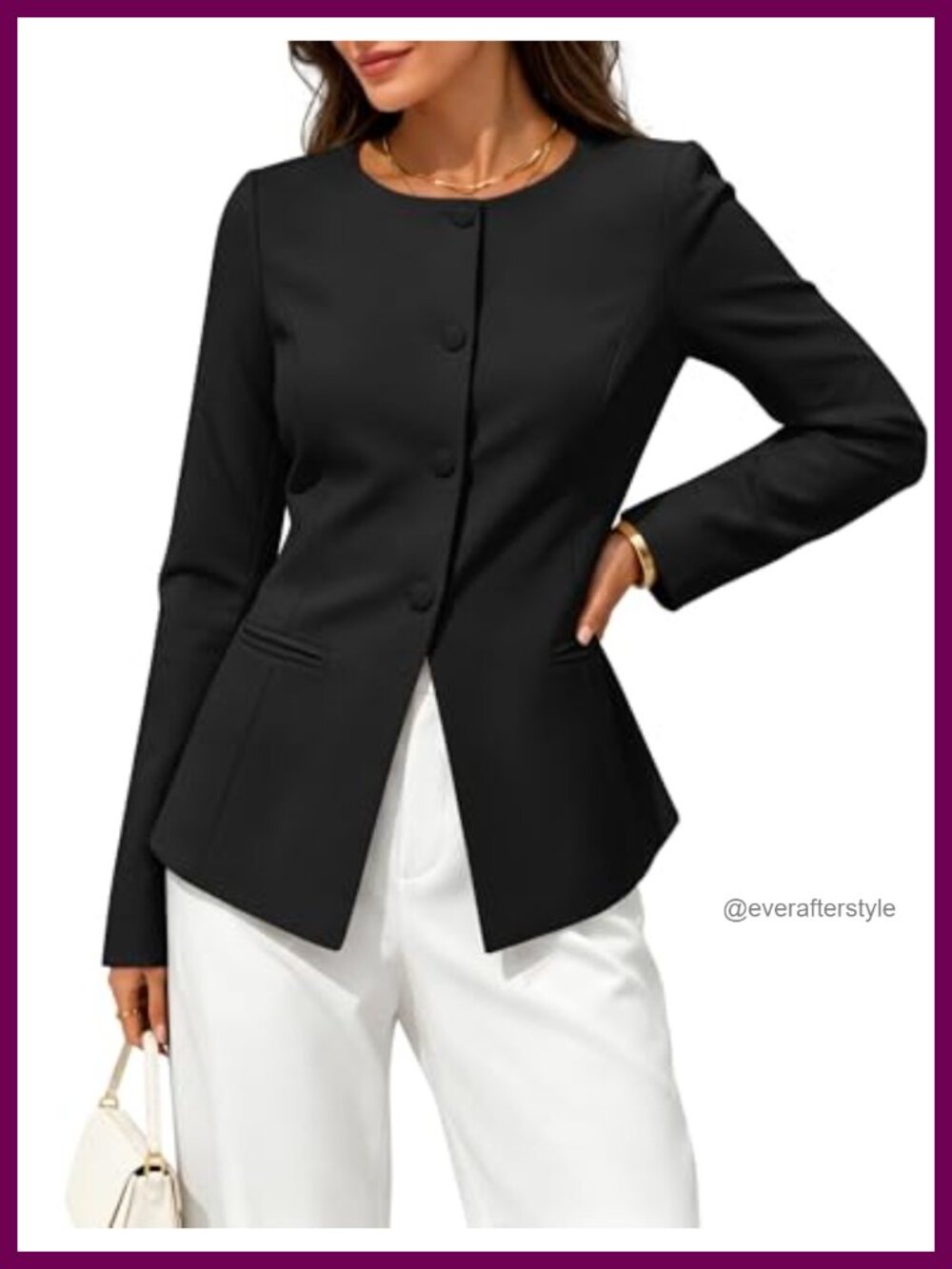 Womens Business Casual Blazer Suit Jacket Crew Neck Full Button Long Sleeve